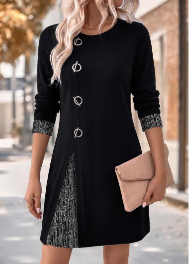 women clothes image of Black Short Patchwork Long Sleeve Round Neck Dress