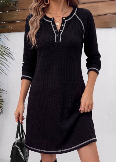 women clothes image of Black Tummy Coverage Long Sleeve Split Neck Dress