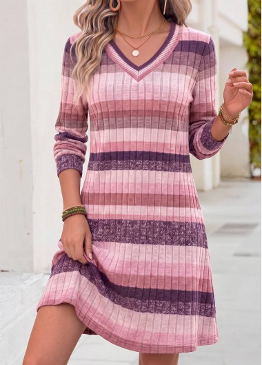 women clothes image of Multi Color Striped Short Tummy Coverage Long Sleeve Dress