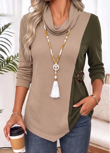 women clothes image of Light Camel Patchwork Long Sleeve Cowl Neck T Shirt