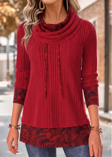 women clothes image of Red Leaf Print Fake 2in1 Long Sleeve Sweatshirt