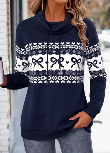 women clothes image of Navy Fair Isle Print Double Side Pockets Sweatshirt