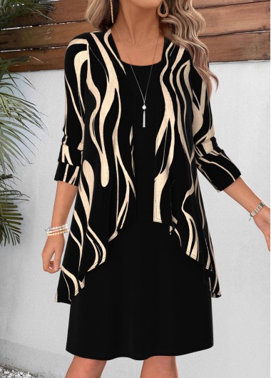 women clothes image of Black Geometric Print Two-piece Long Sleeve Dress and Cardigan