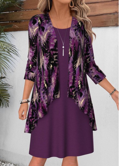 women clothes image of Purple Geometric Print Two-piece Long Sleeve Dress and Cardigan
