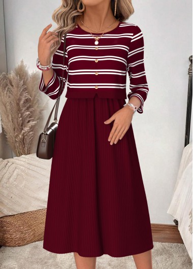 women clothes image of Wine Red Striped Fake 2in1 Long Sleeve Dress