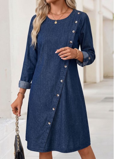women clothes image of Denim Blue Tummy Coverage Long Sleeve Round Neck Dress