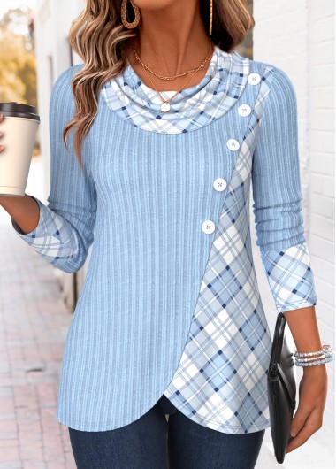 women clothes image of Light Blue Plaid Fake 2in1 Long Sleeve Sweatshirt