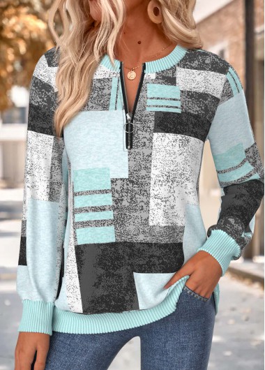 women clothes image of Mint Green Geometric Print Zipper Long Sleeve Sweatshirt