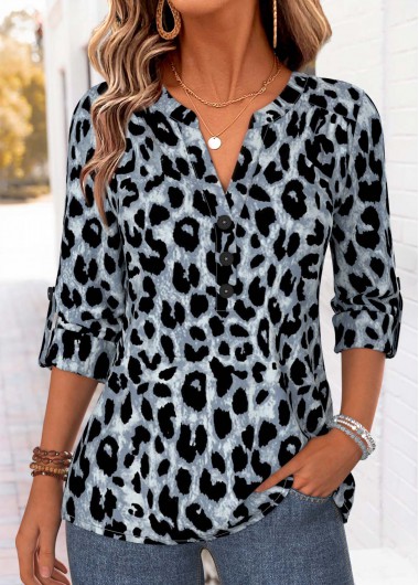 women clothes image of Grey Leopard Shirred Long Sleeve Split Neck Blouse