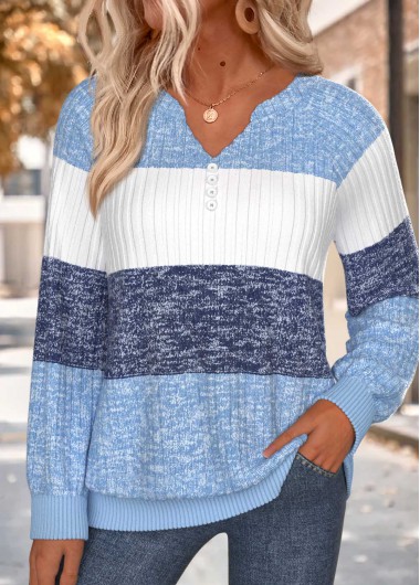 women clothes image of Blue Striped Button Long Sleeve Split Neck Sweatshirt