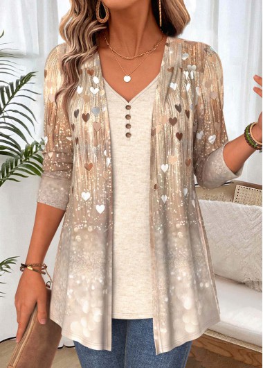 women clothes image of Light Coffee Ombre Long Sleeve Fake Two Piece Twinset