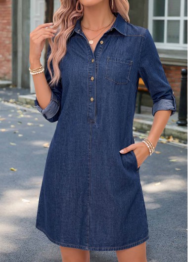 women clothes image of Denim Blue Short Curved Hem Long Sleeve Dress