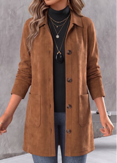 women clothes image of Dark Camel Double Side Pockets Long Sleeve Coat