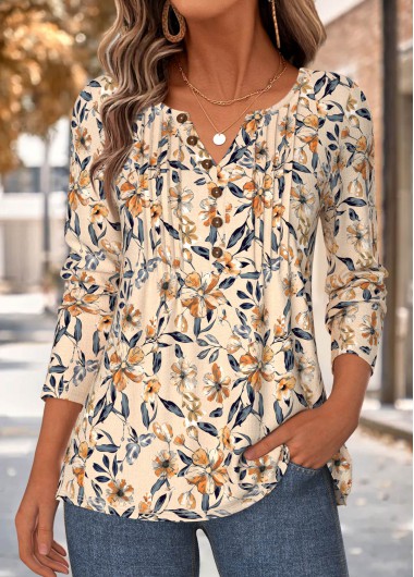 women clothes image of Light Camel Floral Print Tuck Stitch T Shirt