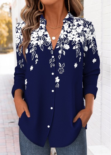 women clothes image of Navy Floral Print Tummy Coverage Long Sleeve Shirt