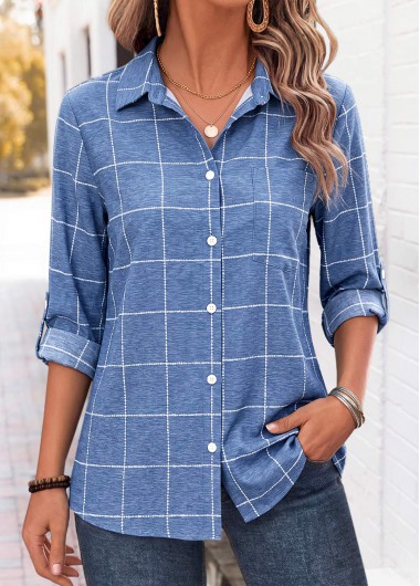 women clothes image of Denim Blue Plaid Tummy Coverage 3/4 Sleeve Shirt