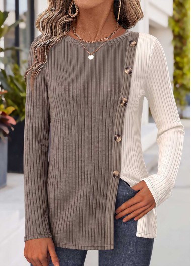 women clothes image of Gray Brown Patchwork Long Sleeve Round Neck T Shirt