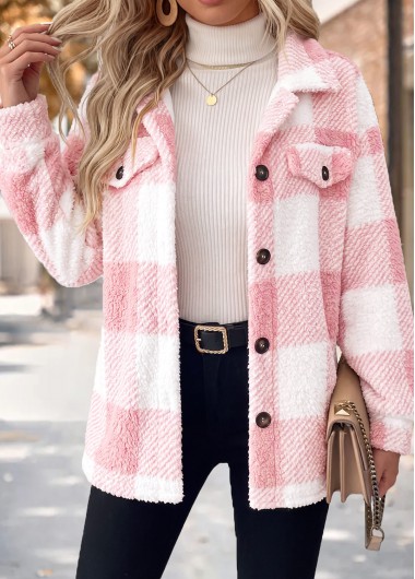 women clothes image of Light Pink Double Side Pockets Plaid Long Sleeve Coat