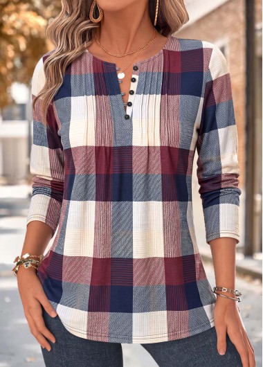 women clothes image of Multi Color Plaid Tuck Stitch Long Sleeve Blouse