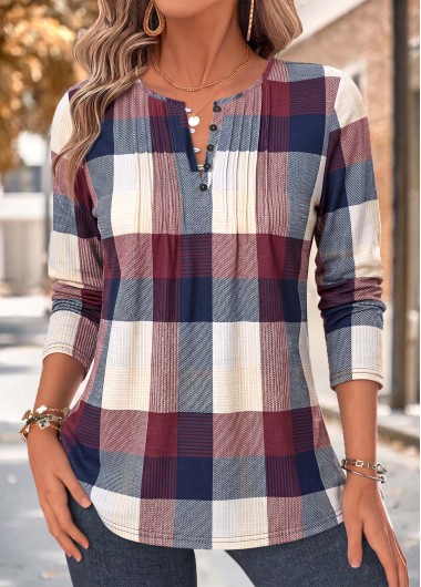 women clothes image of Multi Color Plaid Tuck Stitch Long Sleeve Blouse