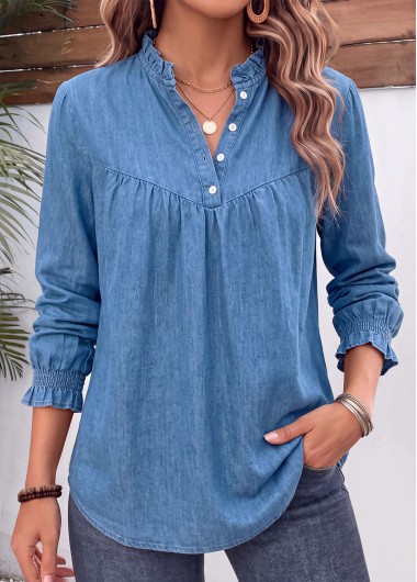 women clothes image of Denim Blue Frill Long Sleeve Polo Collar Blouse