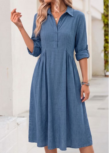 women clothes image of Denim Blue Shirred Long Sleeve Shirt Collar Dress