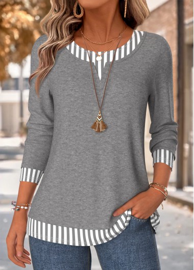 women clothes image of Dark Grey Striped Fake 2in1 Long Sleeve T Shirt