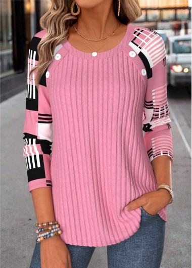 women clothes image of Pink Geometric Print Button Long Sleeve T Shirt