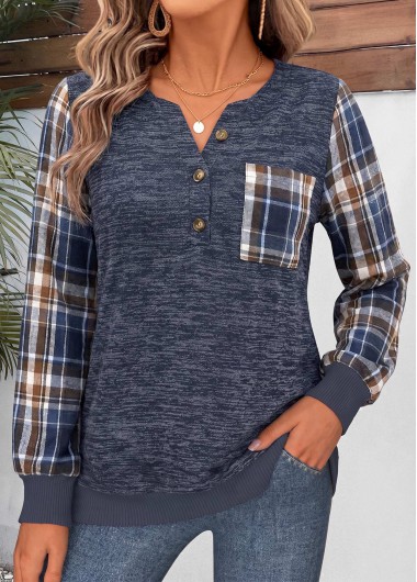women clothes image of Navy Plaid Patchwork Long Sleeve Split Neck Sweatshirt