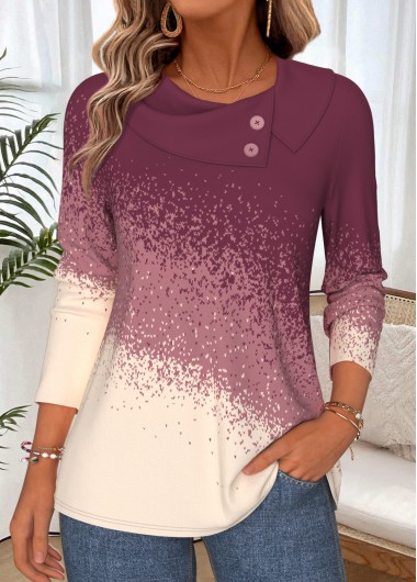women clothes image of Pink Ombre Button Long Sleeve Asymmetrical Neck Sweatshirt