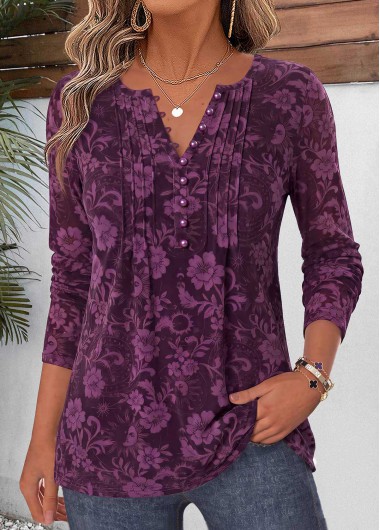 women clothes image of Dark Reddish Purple Floral Print Curved Hem T Shirt