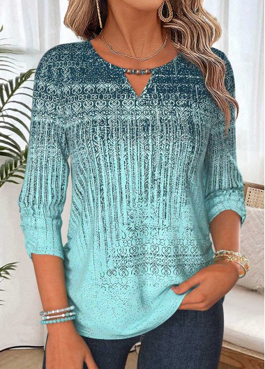 women clothes image of Mint Green Geometric Print Shirred 3/4 Sleeve Blouse
