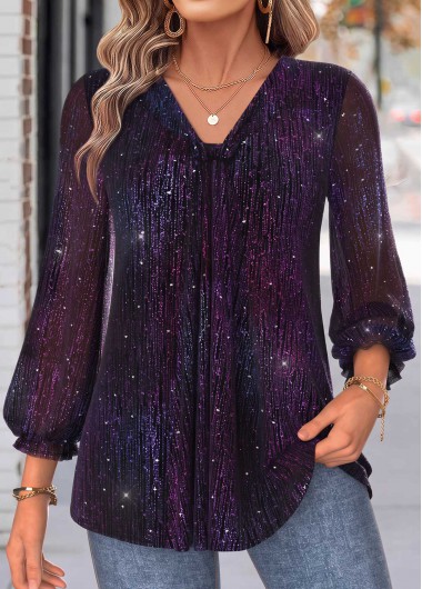 women clothes image of Purple Shirred Bracelet Sleeve Tunic Blouse