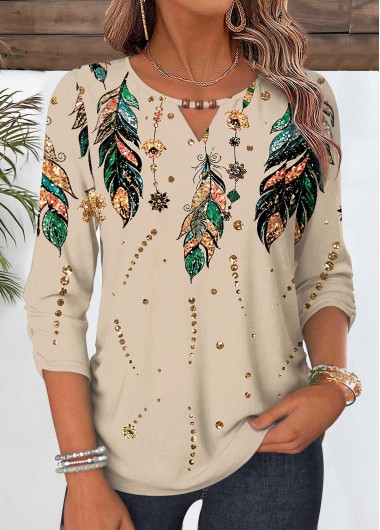 women clothes image of Multi Color Leaf Print Shirred 3/4 Sleeve Blouse
