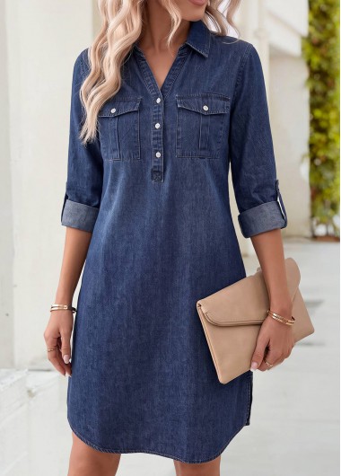 women clothes image of Denim Blue Short Patch Pocket Long Sleeve Dress