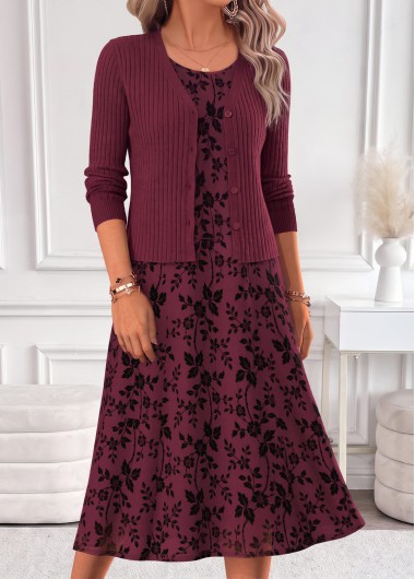 women clothes image of Wine Red Leaf Print Two-piece Dress and Cardigan
