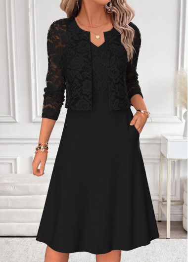 women clothes image of Black Two-piece Long Sleeve V Neck Dress and Cardigan