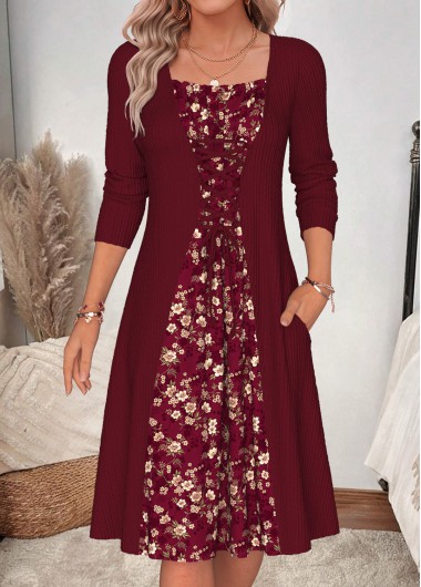 women clothes image of Wine Red Ditsy Floral Print Fake 2in1 Dress