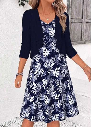 women clothes image of Navy Leaf Print Two-piece Long Sleeve Dress and Cardigan