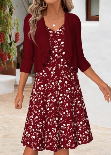 women clothes image of Wine Red Floral Print Two-piece Dress and Cardigan