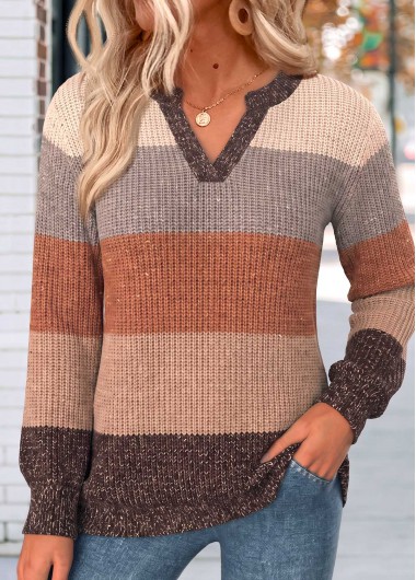 women clothes image of Multi Color Striped Backless Long Sleeve Split Neck Sweater