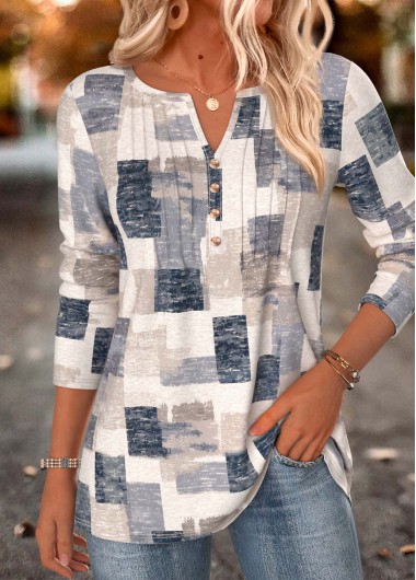 women clothes image of Multi Color Geometric Print Smocked Long Sleeve T Shirt