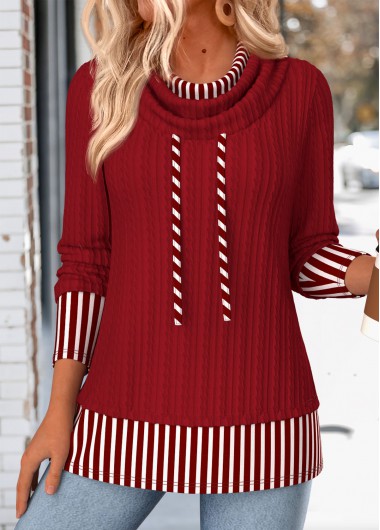 women clothes image of Deep Red Striped Fake 2in1 Long Sleeve Sweatshirt