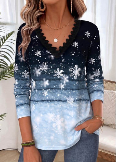 women clothes image of Christmas Multi Color Snowflake Print Tummy Coverage T Shirt