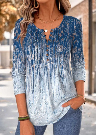 women clothes image of Dark Blue Ombre Tuck Stitch Long Sleeve T Shirt