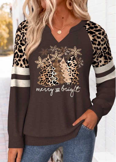 women clothes image of Christmas Dark Coffee Button Long Sleeve Split Neck Sweatshirt