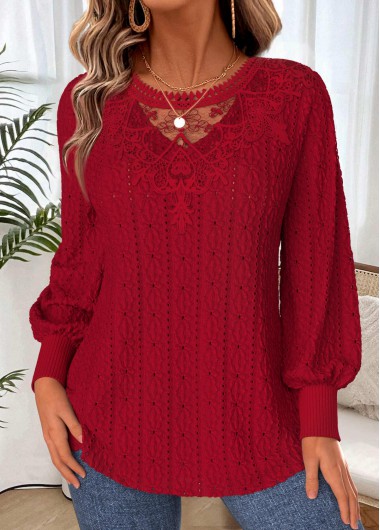women clothes image of Deep Red Lace Up Long Sleeve T Shirt