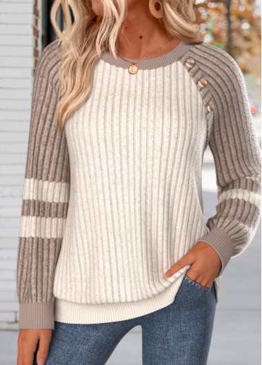 women clothes image of Multi Color Button Long Sleeve Round Neck Sweatshirt