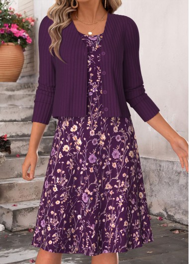 women clothes image of Dark Purple Floral Print Short Two-piece Dress and Cardigan