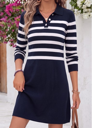 women clothes image of Navy Striped Short Tummy Coverage Long Sleeve Dress